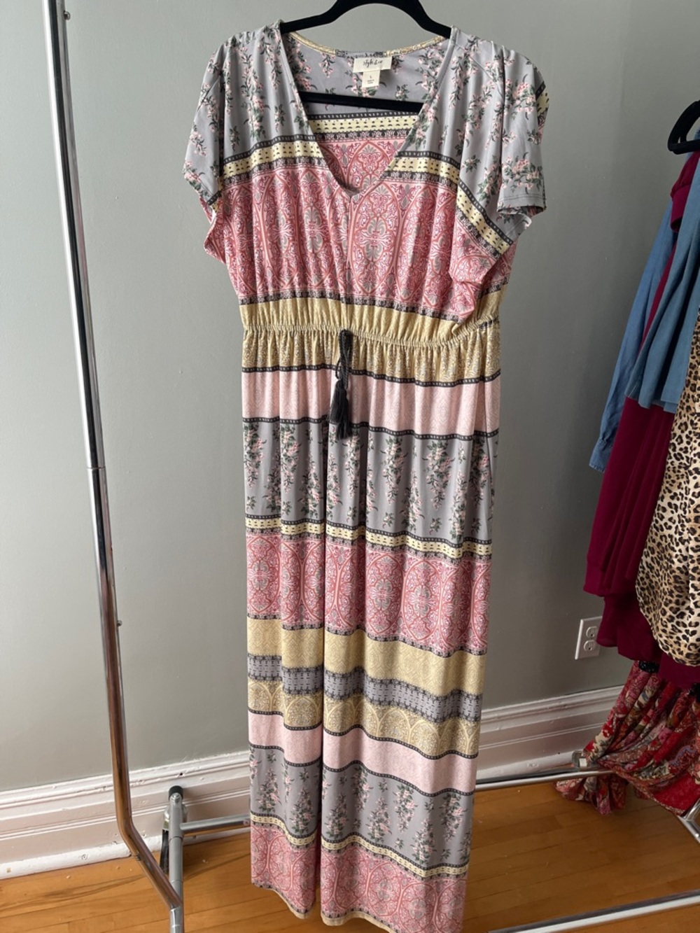 Maeve Floral Patchwork Maxi Dress in Pink, Gray and Gold